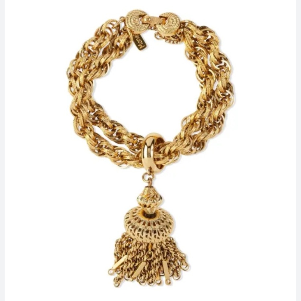 VTG Monet Gold Plated Chunky Twisted Double Chain Bracelet Tassel Charm - Picture 2 of 4